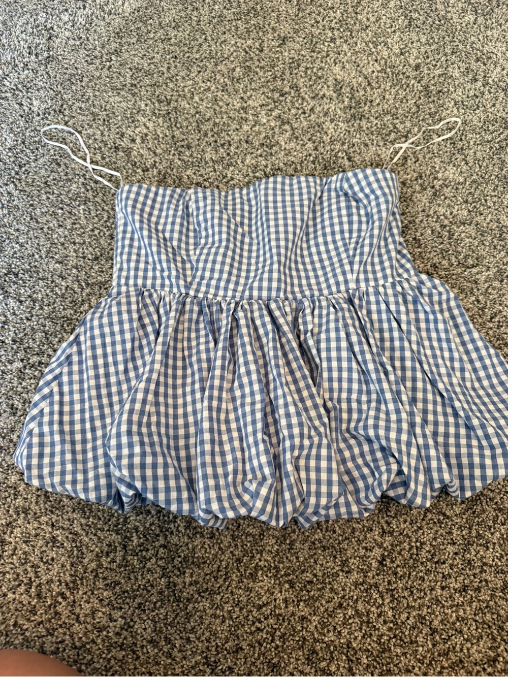 Blue and White Gingham Bubble Hem Strapless Top